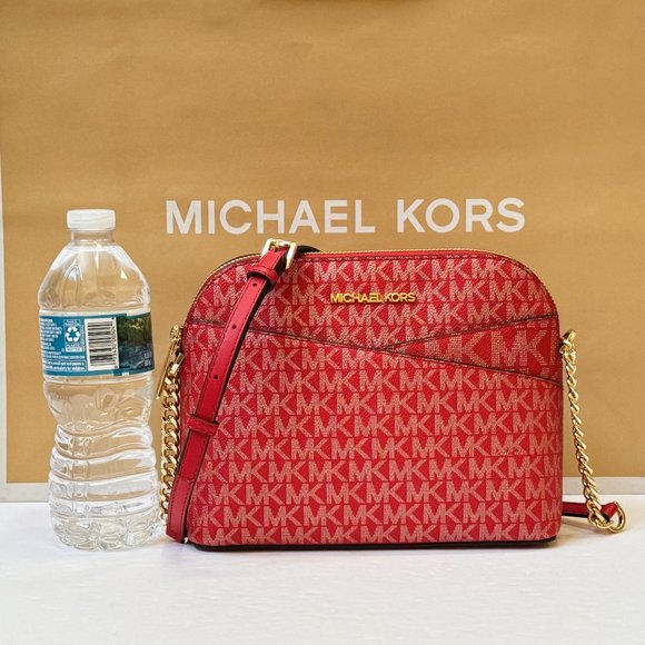 🌟 NWT Michael Kors Jet Set Travel Medium Dome Crossbody Bag MK Gold/Bright Red🌟 - Picture 2 of 12